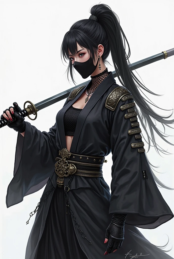 (masterpiece、top-quality、8K),intricate detailes、1 girl in、Sharp eyes、((ninjartist、Kunoichi:1.5)),long black hair ponytail、Hiding your mouth、Black Ninja Costume、cleavage of the breast、girdle、thighs thighs thighs thighs、Knitted tights、Ninja sword、hand armor、no sleeves、perfect anatomy