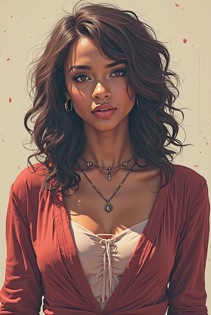 uma pintura de uma mulher com cabelos longos e uma jaqueta de couro, Retrato de Vanessa Morgan, pintura digital sensual, lindo pintura digital, pintura digital impressionante, pintura realista da  bonito, pintura digital fotorrealista, pintura digital realista, airbrush digital oil painting, Fanart, pintura digital brilhante, pintura digital bonita, pintura realista bonita, pintura de personagem bonita, photorealistic fan art