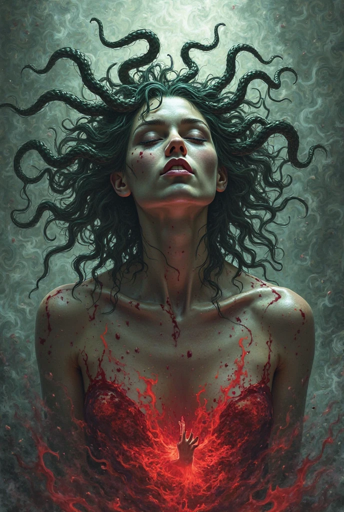 art horror by apterus. beautiful female zombie torn clothes with patterns, a creature with big head and small body, against the background of a round red glow. apterus creepy anatomy