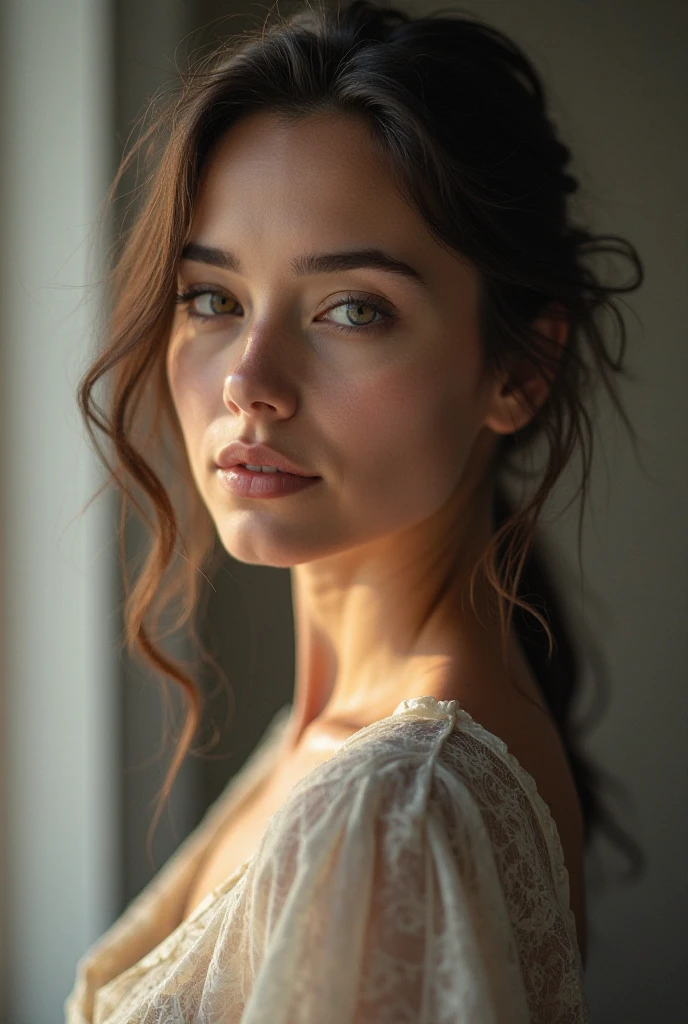 American 23 year old woman, european woman, french woman, smooth skin, shoulder length brown hair, bright azure eyes, thin eyebrows, fair skin, blushing cheeks, perfect body, big breasts, white dress, castle hallway, eye contact, seductive smile, high detail, feminine facial features, slim, slender, high resolution, real girl, realism, realistic, soft lighting