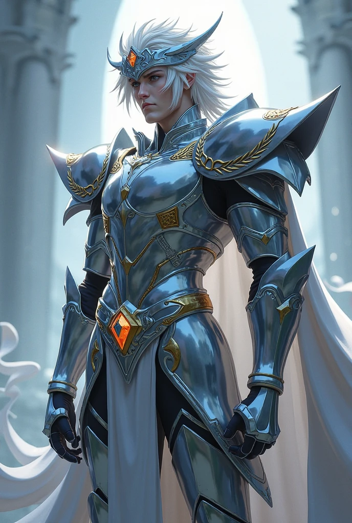 ((masterpiece, best quality)), very handsome man in the center, wearing a large and gleaming white armor, white hair and golden eyes, looking at the viewer, distant expression, luminous clouds in the background,