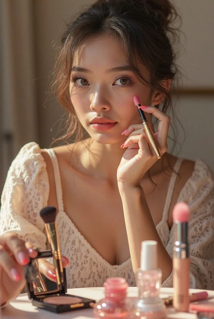 Woman choosing makeup 
