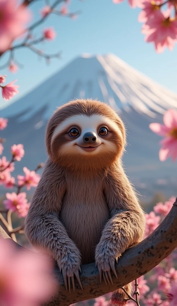 "A hyper-realistic image of an adorable sloth sitting on a tree branch with a soft, warm expression. The sloth has detailed, textured brown fur with individual strands visible, reflecting natural sunlight. Its round, glossy eyes are expressive, and its subtle smile adds charm. The background features Mount Fuji, partially covered in snow, with a clear blue sky. The foreground has delicate cherry blossoms in full bloom, with pink petals framing the sloth’s face. The lighting is soft and golden, enhancing the warm and peaceful atmosphere. The depth of field is slightly blurred in the background, keeping the sloth as the main focus while maintaining the natural beauty of the scene."