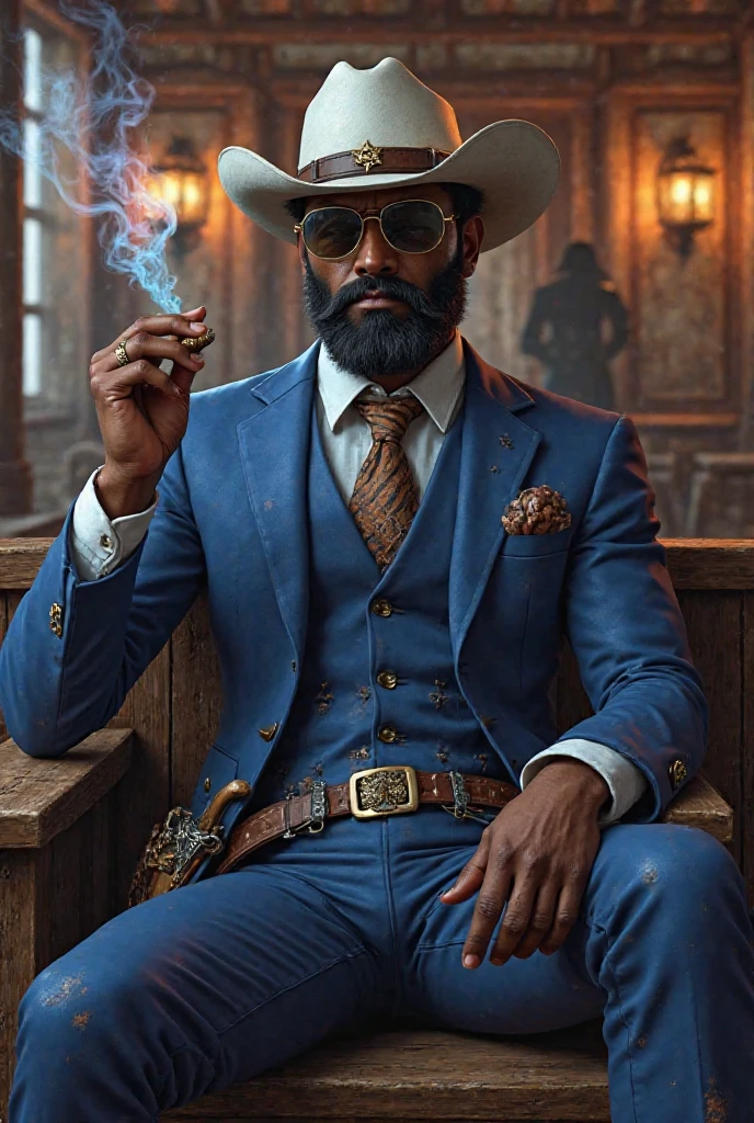 here is a man in a white Panama hat, com uma tira vermelha e gravata rubra em uma plataforma de madeira, com um cinzeiro no topo, Antique piece, homem negro, cinzeiro, Alquimista Steampunk Africano, charuto, inspired by Ceferí Olivé, Figura de argila 3D, estatueta, a suited man in a hat, enquanto fuma um charuto, com charuto, charuto para fumar --auto --s2