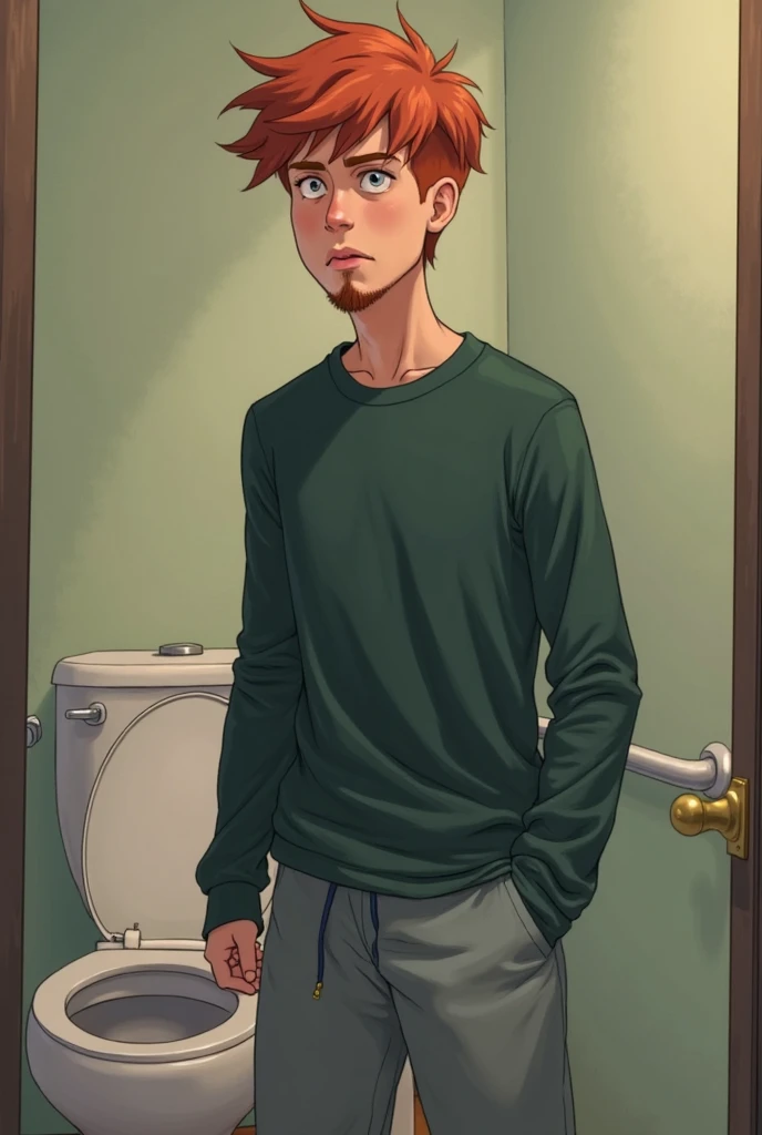 shaggy rogers, tank top, inside, sitting, bottomless, legs together, long penis, eyes open, front view, masturbating, hand stroking penis, sitting on mirror, legs spread apart,