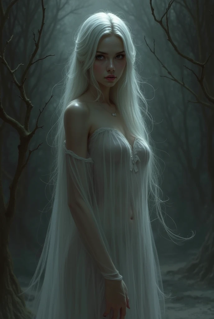 Epic style <lora:6ParDet-ColCin-nM:0.38>, Amidst the serene landscape of Siberia, with white birches and high grass, a determined and audacious female warrior, ((with bright white translucent, transparent, and light-transmissive pale skin)), gracefully depicts in a mesmerizing Mystery-fantasy full-body illustration. Her piercing green eyes reflect the soft, diffused light of the early morning, capturing the secluded ambiance of the scene. ((Over her gently flowing dress adorned with herbal and foliage patterns, she dons intricately crafted highly protective armor), each piece designed to blend seamlessly with the natural surroundings). She depicts a dynamic stance amidst the Russian birch forest, presenting the amazing prowess of the mighty and potent warrior of the Siberian birch forest. ((Her translucent cloak, intricately woven from glossy strands of white fog and mist), billows gently in the cool morning breeze), adding a touch of earthly resilience to the ethereal atmosphere. With her highly dynamic poise, she embodies a sense of quiet strength and determination. Surrounded by the small birches and tall grass, she invites viewers to immerse themselves in the amazing expanse of the woodland. Inspired by the purity and serenity of the forest and the visionary works of (((Oliver Barrett, Nico Delort), Annie Stegg Gerard), Audrey Kawasaki), and Samuel Araya., Dangerous Lighting: Dangerous lighting creates a picture with a (foreboding and ominous atmosphere:1.2), employing stark contrasts and harsh shadows to evoke a sense of peril and threat. This technique results in (sinister tones and deep shadows:1.3), infusing the scene with an unsettling feeling of danger. By harnessing the power of light to convey menace, this lighting style (immerses viewers in a world of looming peril:1.4), inviting them to confront the ominous presence within the Prompt., Menacing: Menacing creates a picture with a (sinister and foreboding atmosphere:1.2), utilizing dark shadows and eerie illumination to evoke a sense of threat and intimidation. This technique results in (ominous tones and sharp contrasts:1.3), infusing the scene with an unsettling feeling of danger. By harnessing the power of light to convey menace, this lighting style (immerses viewers in a world of looming dread:1.4), inviting them to confront the ominous presence within the Prompt., masterpiece, best quality, 8k, insane details, intricate details, hyperdetailed, hyper quality, high detail, ultra detailed, clear shadows and highlights, intense, enhanced contrast.