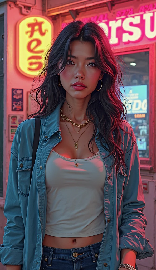 a beautiful asian model in jeans at night, in the style of casey weldon, detailed attention to costume and fashion, poolcore, resin, aurorapunk, kieron gillen, cute and colorful --ar 69:128 --s 750 --v 5.2