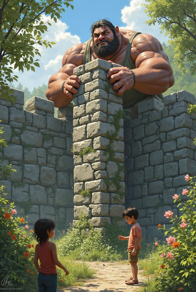 A visual of the giant knocking down the high wall to let the children into the garden.
