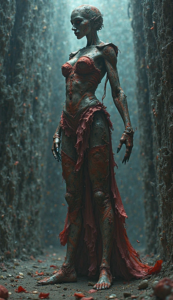 OrinBG, 1girl, full body, realistic, white eyes, covered in blood, dark dungeon, ambient light, horror,  <lora:OrinBG:0.7>