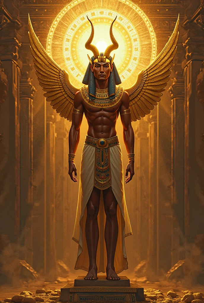 Design an image of Shu, the god of air, as a male figure with dark brown skin, green eyes, and a feathered headdress. He should be depicted actively separating the sky from the earth, with traditional Egyptian aesthetics and cosmic elements in the background. Include traditional Egyptian aesthetics such as gold accents and ancient symbols. Use masterpiece, best quality, CG, wallpaper, HDR, high quality, ultra detailed face, cinematic, high detail, 8k, raw, high, artstation HQ, unreal engine, octane renderer, 4k resolution, hyperrealistic, highly detailed, and absurdres settings