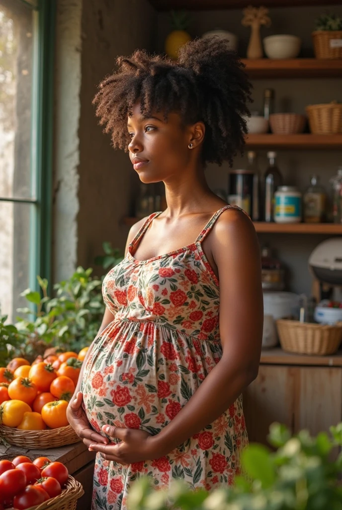 (realism) Brazilian woman, 36 years old, smiling, curly hair, black eyes, image without defects, without mutations, pregnant woman, standing, with her hands on her belly, wearing a 90s dress with a high collar, NEUTRAL GREEN BACKGROUND