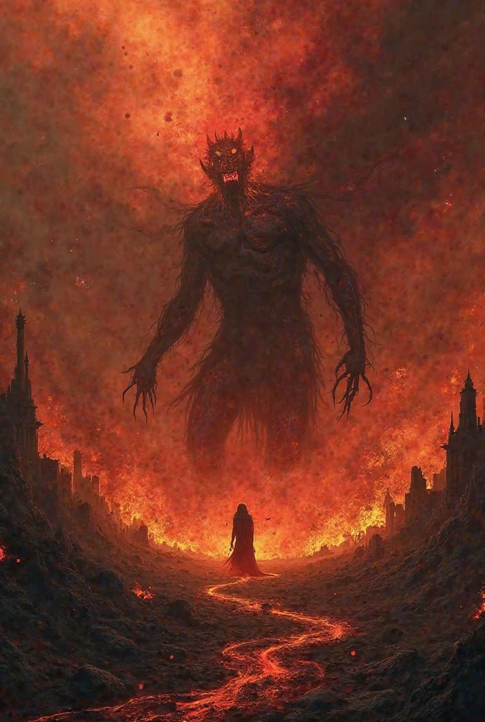 (Best quality,A high resolution:1.2),(dark,menacing:1.1),(sinister:1.1),(Devil,Satan,lucifer:1.1),(The demons:1.1),(Ominous,Foreboding:1.1),(Powerful figure:1.1),(Red glowing eyes,Sharp teeth:1.1),(Black wings,Thick,Tattered:1.1),(Hell landscape:1.1),(Fire,brimstone:1.1),(Threatening atmosphere:1.1),(dark shadows,Menacing presence:1.1),(Ominous clouds,Stormy sky:1.1),(Gloomy,Unforgettable mood:1.1),(Ominous aura,evil energy:1.1),(dark aura,Smoke:1.1),(intense heat,fiery flames:1.1),(surreal,Nightmarish vision:1.1),(Prophecy of the book of Revelation:1.1),(Twisted horns,Blazing Crown:1.1),(Ominous whisper,Evil laughter:1.1),(Screams of torment,Echoing cries:1.1),(Ominous symbols,Ancient runes:1.1),(Mystical Artifacts,Shadow artifacts:1.1),(Hell Rituals,Ritual sacrifices:1.1),(Demon Servant，,dark creatures:1.1),(Desolate,barren wasteland:1.1),(Academy of Souls,Tormented souls:1.1),(Eternal curse,Desperate life:1.1),(The destruction of the end of the world,The world is in chaos:1.1),(Malicious intent,The embodiment of darkness:1.1),(A gateway to the underworld,Nightmare realm:1.1),(Funk,terroral:Saint].Love Letter from Hell