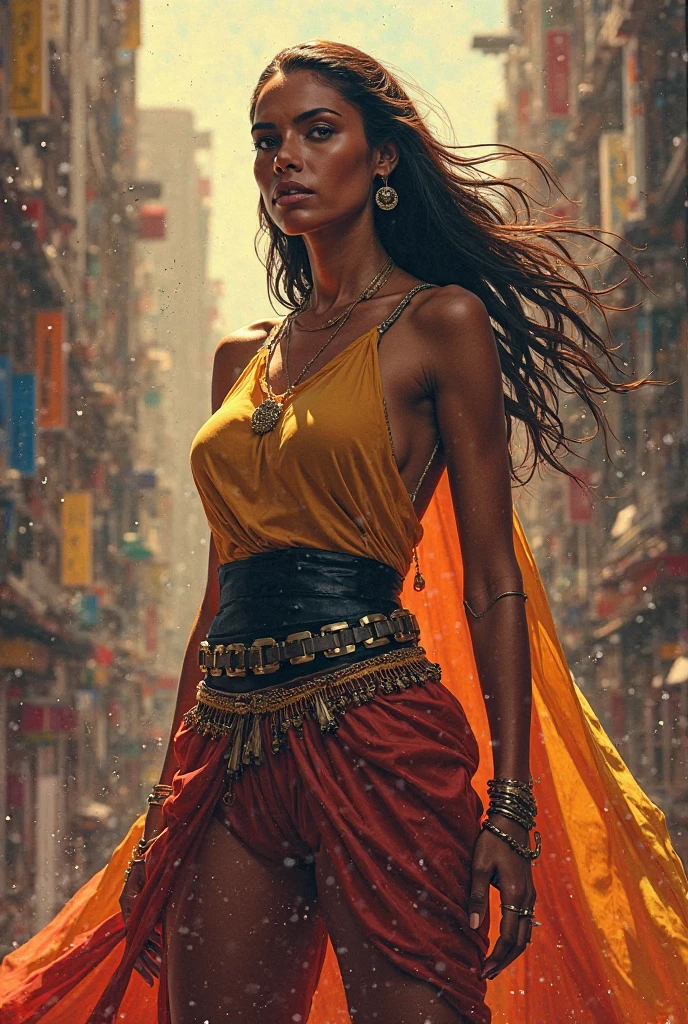(
(Character: one mexican woman, mystic, brown skin, black medium messy hair, abs)
(Clothing: orange inca poncho, inca pants, amulets, inca tattoos)
(Pose: full body shot:1.7, dynamic pose)
(blurry, intense urban lights in background, orange color scheme:1.3)
(Style: ((masterpiece:1.5)), (face detailed), photo-realistic:1.3, hyperrealistic, film grain, realistic lighting)
)