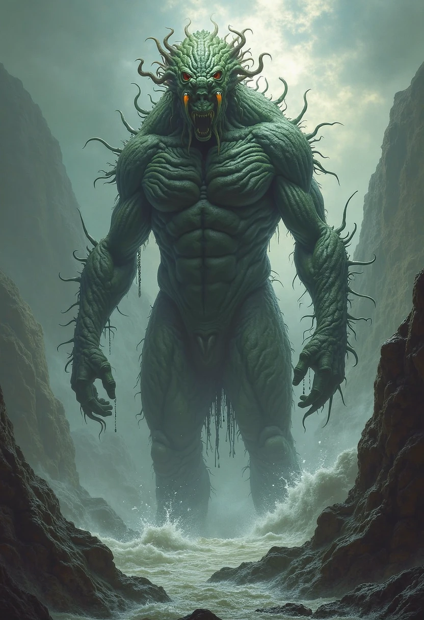 masterpiece, best quality, cthulhu, solo, wading in the ocean, giant, storm, lightning, green skin, outstreched wings, full body, claws, glowing red eyes, kaiju <lora:cthulhu-beta4-clipskip2-000009:0.95>