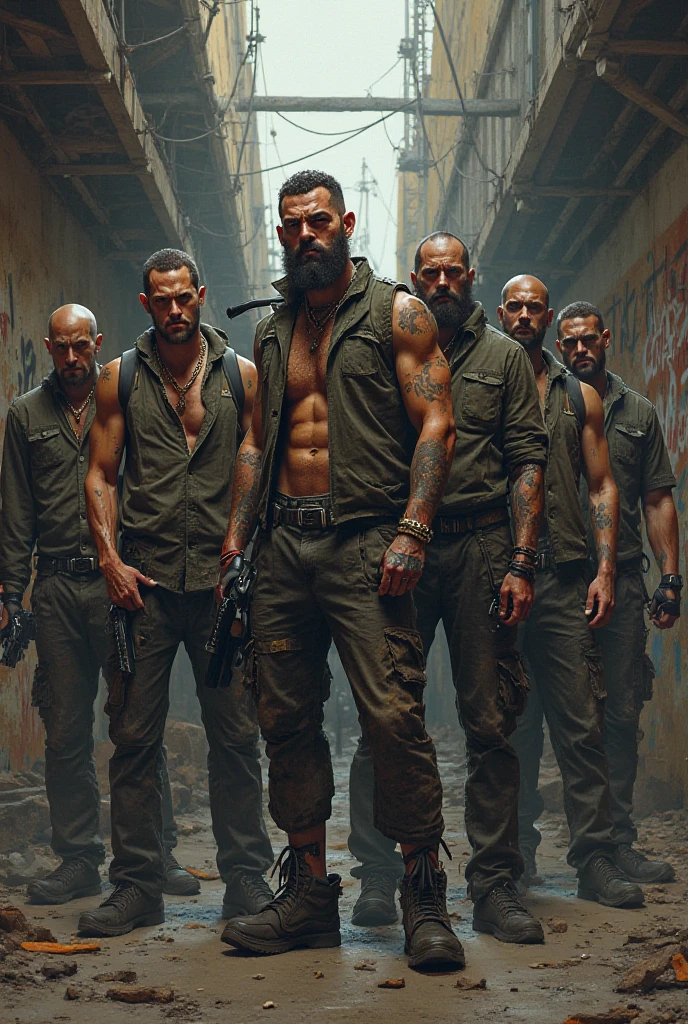Three dirty beggars, perverted expressions, muscular, protruding veins, bare back, covered in mud, nicebulge, torn pants (dirty), sweaty, oily skin. The three beggars are in a dirty room (bottles on the floor, trash), poorly lit.