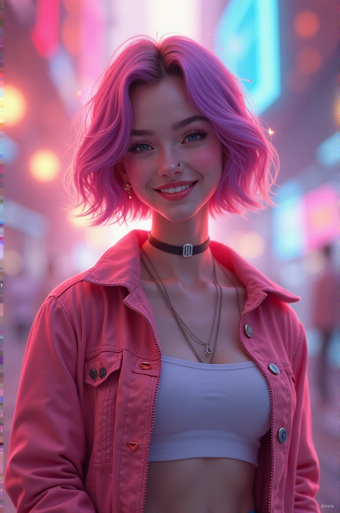 safe_pos, score_9, score_8_up, score_8, score_7_up, 24 years old, score_7, adult female, closeup headshot portrait, side view, looking up to sky, hands up, raining, smile, spider gwen, medium tits, Paris street, at night, dark background, neon glow, close to viewer, blonde and pink hair, cute face, latex thigh high heels, ear piercing, anime girl, petite body, thin, short, small face, wearing sleeveless vinyl halter dress open sides, dancing, vibing, standing, easynegative,