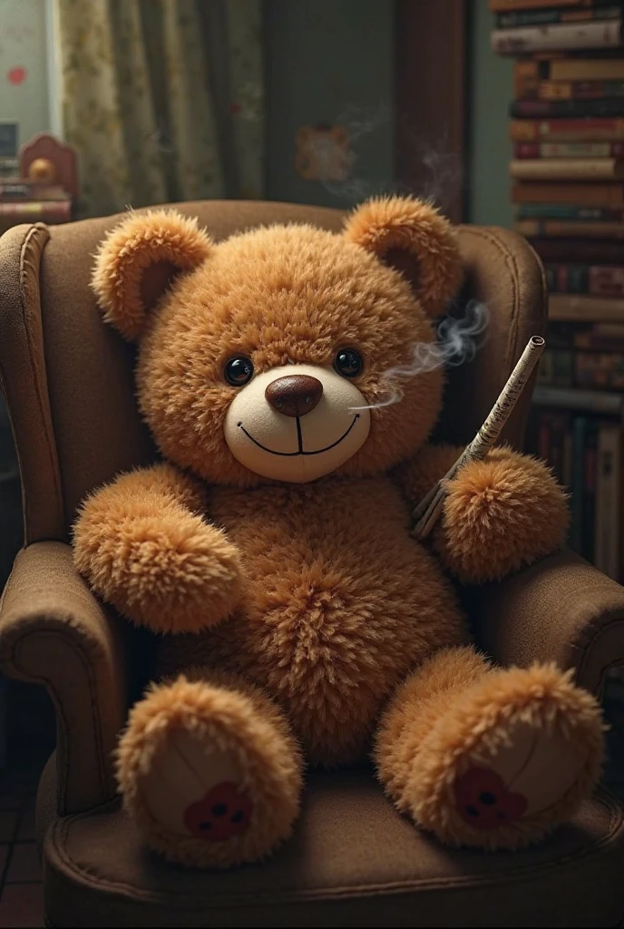 Small teddy bear sitting on blue sofa, soft vinyl, toy photo, teddy bear, toy commercial photo, teddy fresh, toy photo, 1/200 second, taking smoke break, teddy bear has super detailed glass pipe, 1/320, bear brick, stop motion character, stop motion vinyl figure, smoke: 6