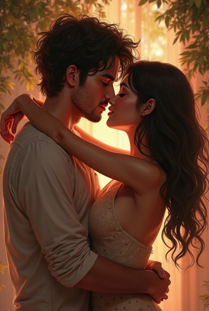 photorealistic, (couple portrait) Kaya Scodelario and Matthew Daddario as lovers, intimate lovers' gaze, shadows creating a mysterious ambiance, (dark) color scheme, dramatic lighting emphasizing their expressions, soft focus on the background, emotionally charged atmosphere, high-quality detail, ultra-detailed textures, moody and intimate setting.
