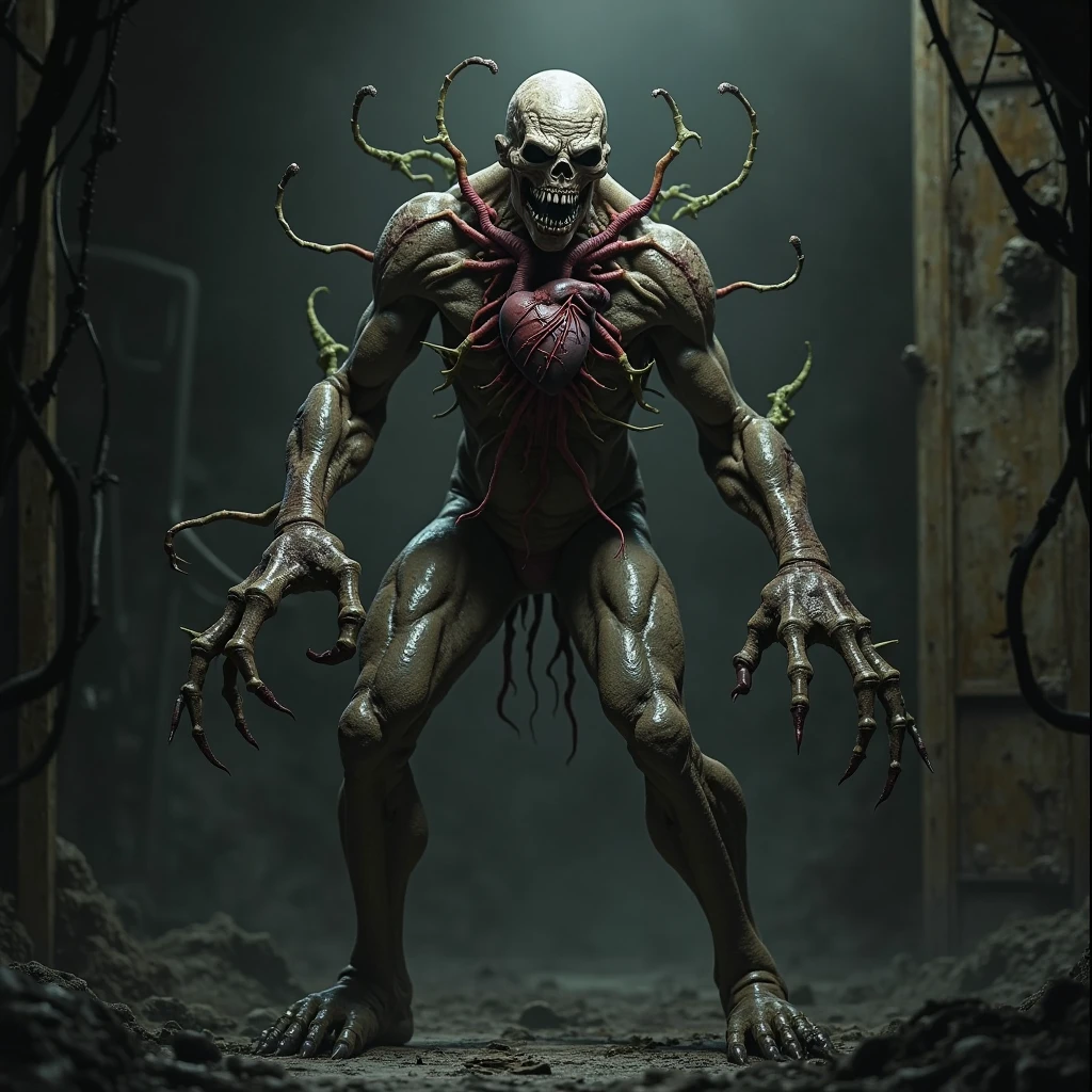 a skinny attractive woman is mutating into an plant creature. Her skin is transparent and pink purple colors. She glistens with jelly. She's growing tentacles from his arms and fingers. In an industrial research lab facility. Cronenberg. Lovecraft. Cosmic horror. Body horror. screaming. full body framing. transformation. mutation. metamorphosis. Mold. Neoplasm. Fungus. Tendrils. Vines. Roots. Webs. Skulls. Slime. Severe lighting. Photograph. eldmeisterOG style.