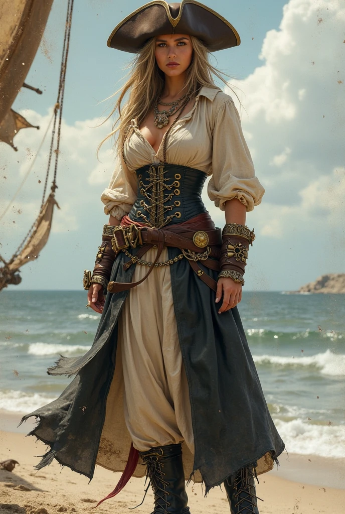 A woman pirate with a brownish red hair wearing a blue top, white jacket, black skirt and white boots