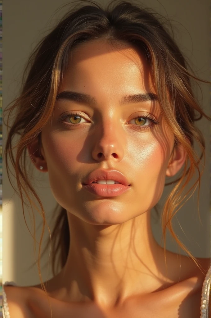 (front facing camera),(Texture de la peau, pores, naturel,iPhone,brut)), bright and sunny lighting, Full body photo&#39;a woman with her hair styled to the side and wearing a ((tight)) , iphone 14, Realistic matte skin, chambre en arrière plan