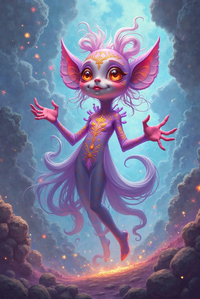 young anthropomorphic elephant girl wearing a very elegant dress and singing on a stage with a full moon