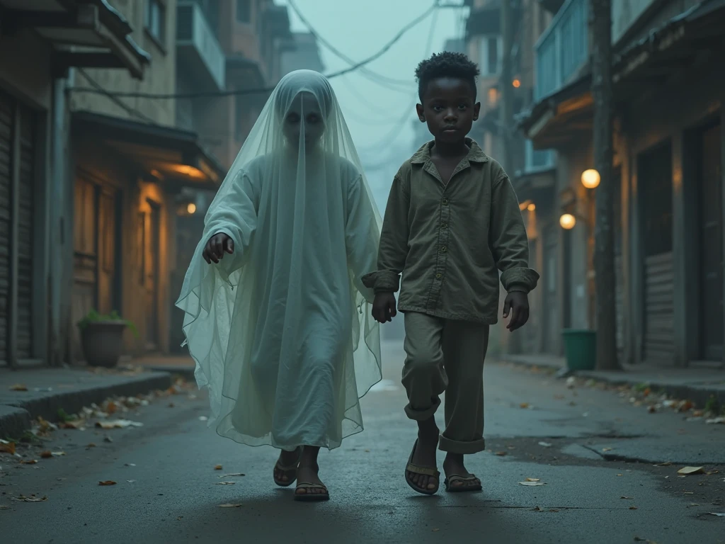 a nun with a demon face running after a boy in blue clothes and the boy's BLACK mother running away from the nun a black man in a white suit white hat with a red BROADCAST standing in front of the scary nun an abandoned house in the background with weeds