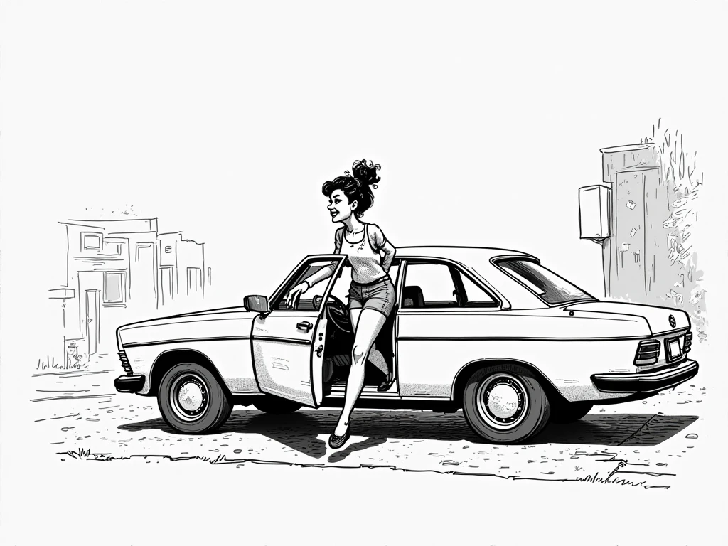 Vintage black n white hand drawing of a short haired naked girl with big ass up and her hands in the hood of an old rusty musclecar