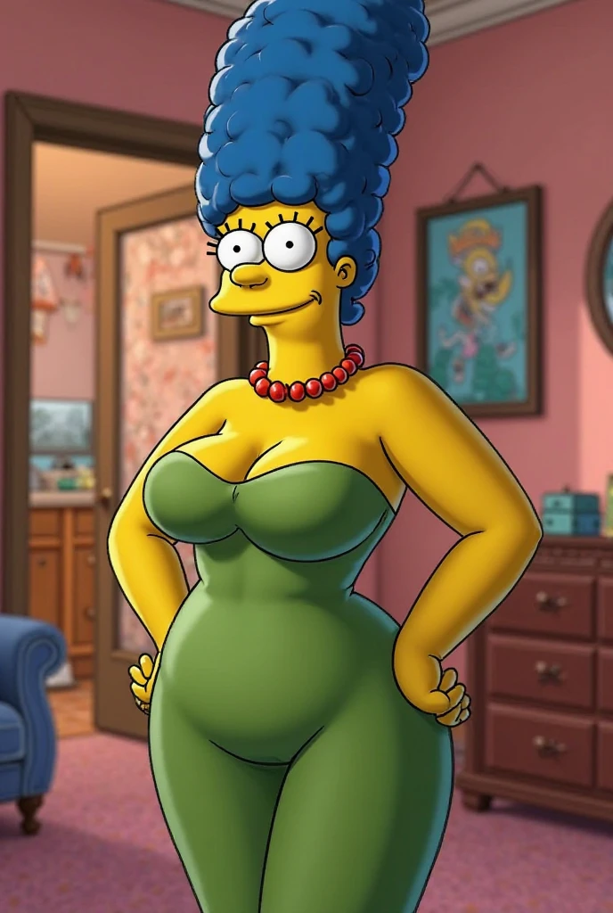 margue simpson, huge thighs, huge tits, short green dress, blue fur, yellow skin, hands holding excessively giant tits, sexy