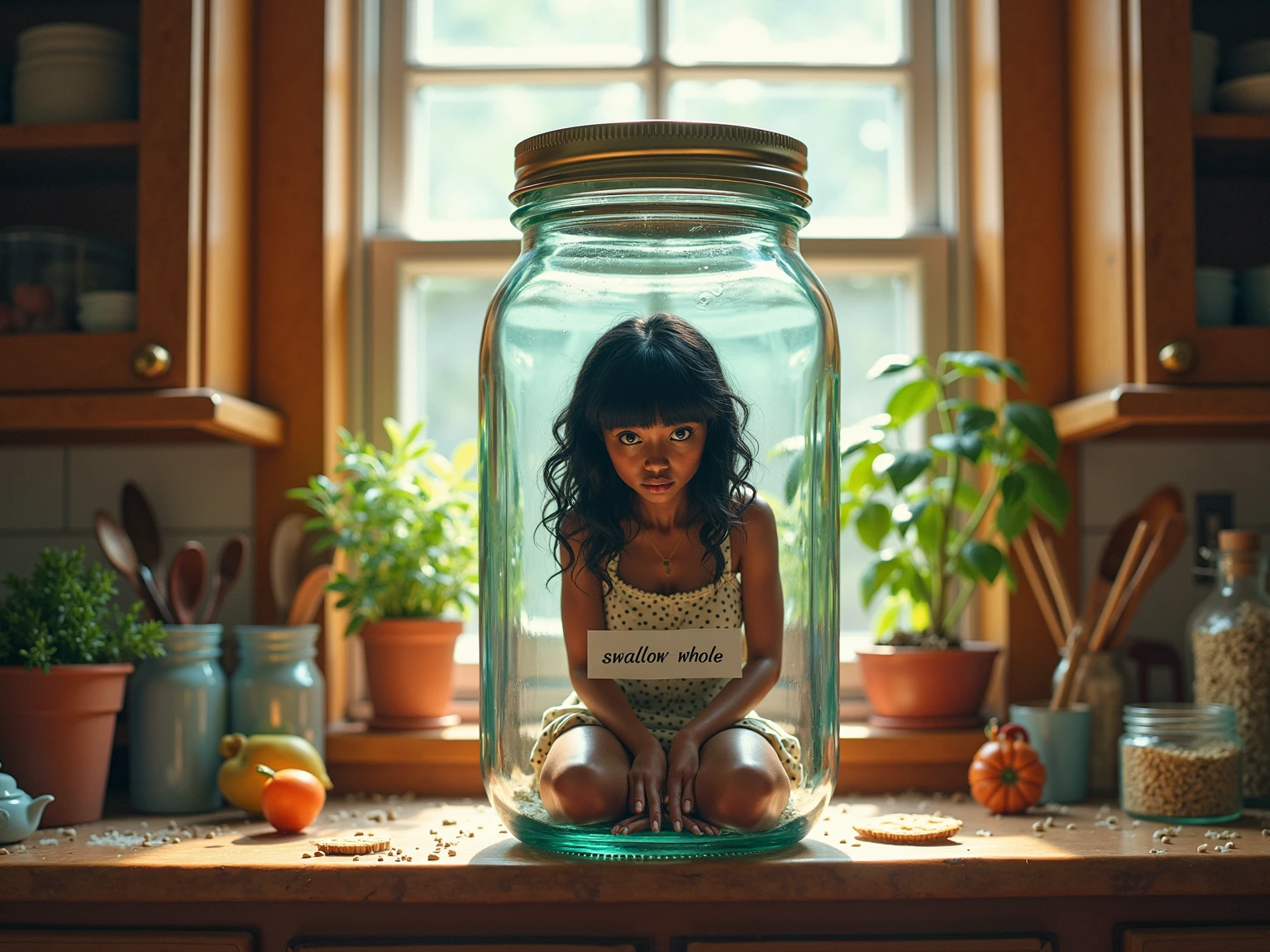 (a micro miniwoman trapped in a jar), atmospheric oliva lighting, on the table, 4k UHD, dark vibes, hyper detailed, vibrant colours forest background, epic composition, octane render, sharp focus, high resolution isometric, (film grain:1.3), The light is sparkling, high quality photography, 3 point lighting, flash with softbox, 4k, HDR, smooth, sharp focus, high resolution, award winning photo, 80mm, f2.8, bokeh, (a tiny micro woman trapped in a jar)