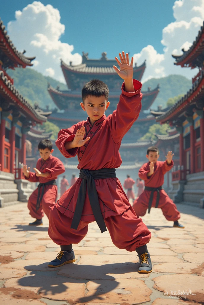 Children playing with Shaolin monk