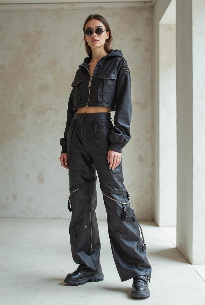 girl in black leather outfit leaning against a wall, wearing a full leather outfit, ((hands in pocket)), black leather, wearing black tight clothing, elegant girl in urban outfit, posing in an urban street, tight outfit, dressed in short leather jacket and sneakers