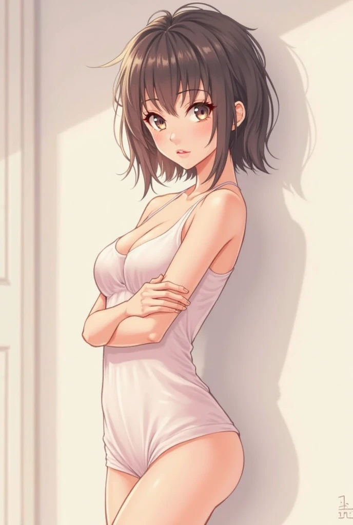 short hair brunette girl, linda, tied with her legs extended barefoot and in a skirt