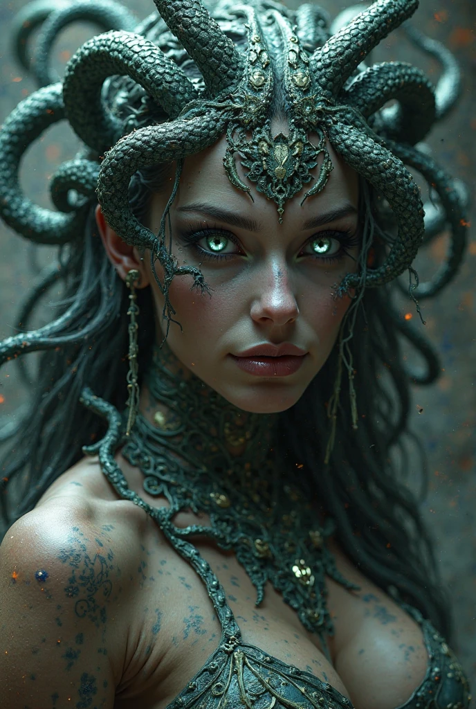 a beautiful topless medusa with snakes for hair, detailed face, piercing eyes, flowing locks of snakes, pale skin, intricate snake scales, feminine figure, dramatic lighting, cinematic composition, dark fantasy, dramatic shadows, moody colors, rich textures, highly detailed, 4k, realistic, photorealistic, masterpiece