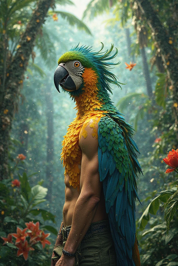 A man who has a cock-of-the-rock on his shoulder and on the ground there is a pile of cantuta flowers and a tree full of bananas