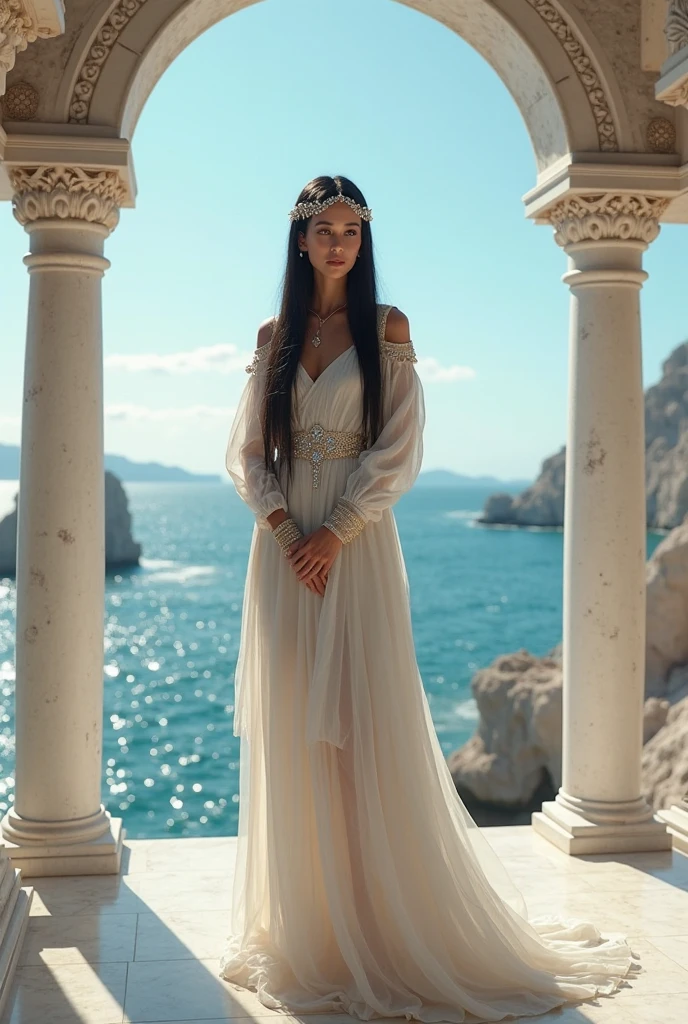 Ancient Greek wedding dress on a black-haired woman, full body shot in a Greek style.
