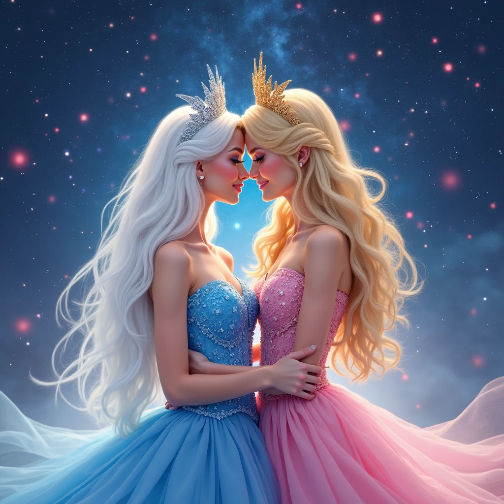 ((best quality)), ((Meisterwerk)), (detailed), perfektes Gesicht A celestial fantasy queen with long blonde hair, dressed in an ethereal, iridescent, shimmering, flawless, floating, luminous, and sparkling gown that emphasizes her gorgeous breasts and unparalleled radiance. She is kissing her 20-year-old daughter with passion. The queen's brilliance and light increase eternally, blinding an audience that worships her. imposing chest cosmic brilliance