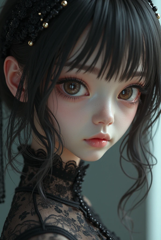 A dark haired girl with white streaks in the back, dark eyes also with large eyelashes highlighting them, very clear skin as if it were angelic, features on her face were beautiful, her mouth had a unique and perfect shape, her nose was as if it had been molded especially for her