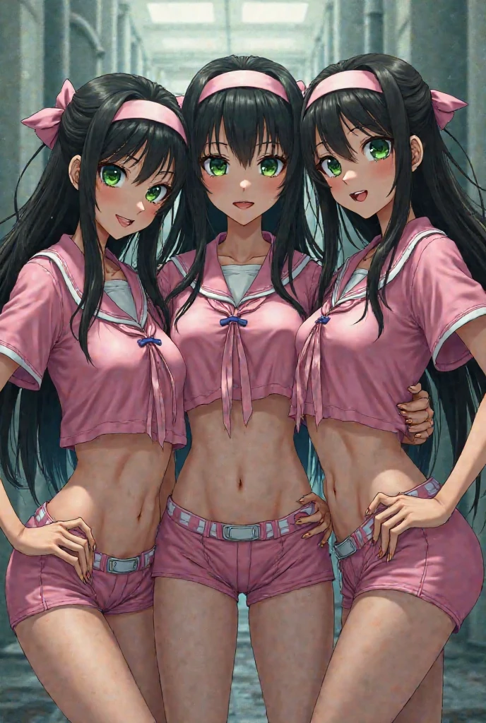 masterpiece, best quality,1girl,solo,kirasaka sayaka,brown hair,long hair,ponytail, hair ribbon, green eyes,, wariza, (bikini). ((Multiple views)).