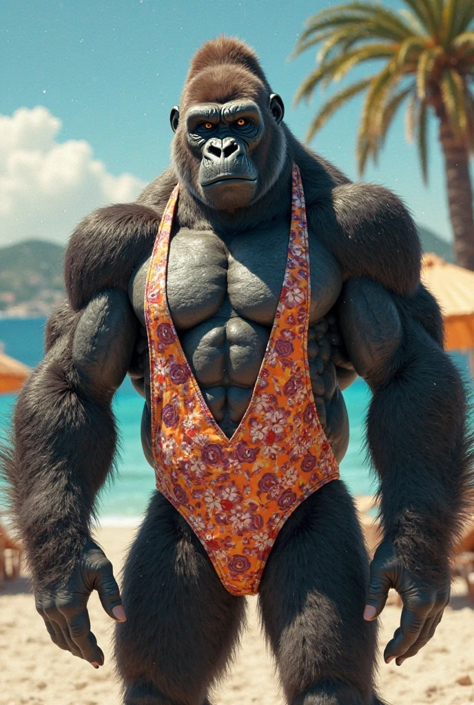 a male gorilla, muscular athletic, sitting sensually, in a jacuzzi, wearing printed thongs, wearing a necklace around his neck, at daytime, on a dock, NSFW, Whole body, wet body, well detailed, good quality, big body.