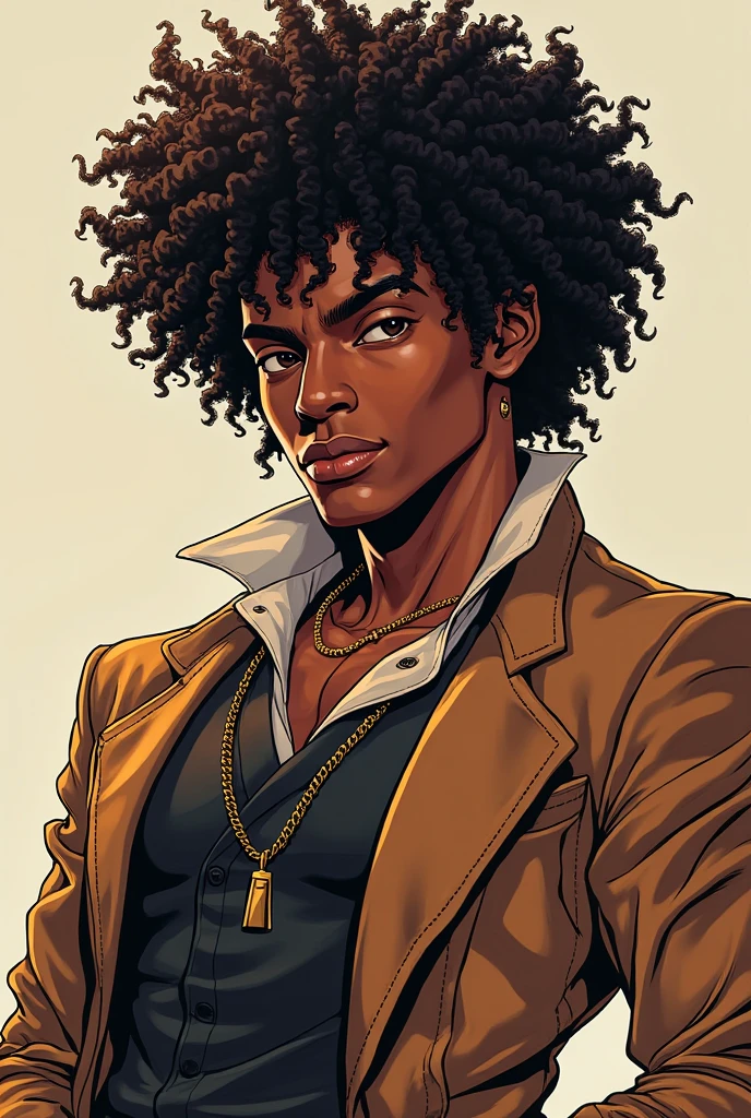 Male character, very beautiful and very stylish black ager in a manga style with curly hair, Muscular and very tall