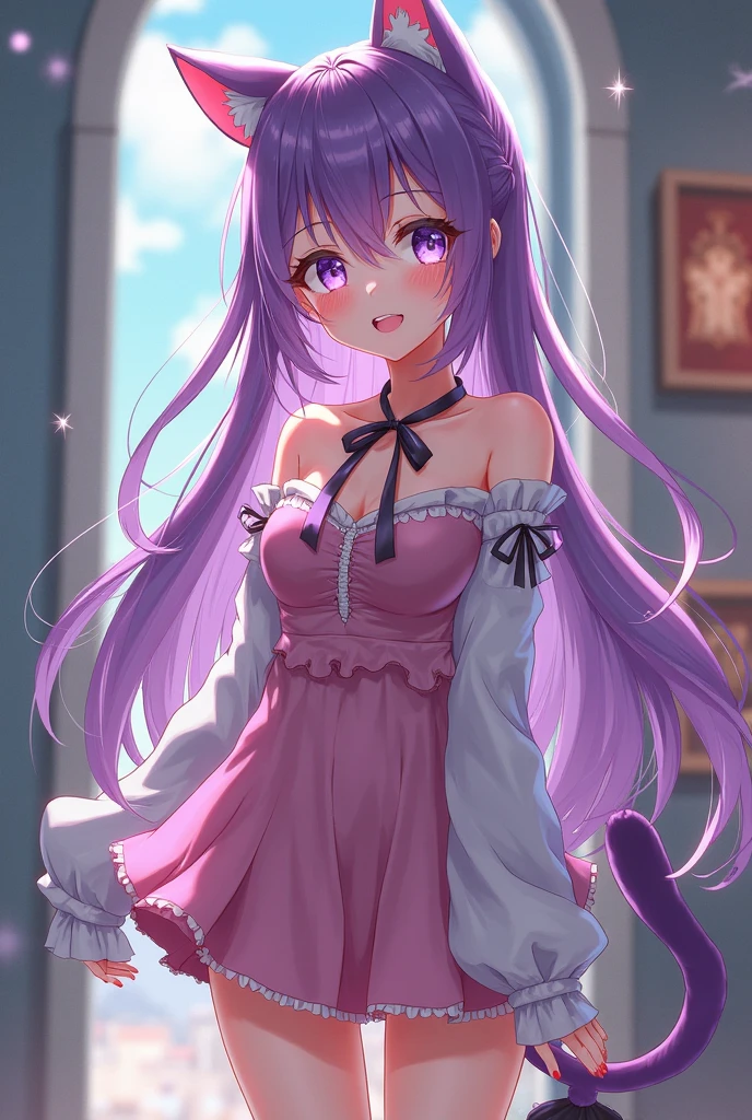Create an anime style girl with neko features (humanoid cat). She has long, straight purple hair., with fluffy cat ears in the same shade and large, expressive purple eyes.
She wears a light blue corset with white details and purple bows., accompanied by a matching short skirt. She wears long black stockings and boots with furry details.. besides, has a fluffy tail that matches its ears. The design should be detailed and colorful, following the typical aesthetics of anime characters.