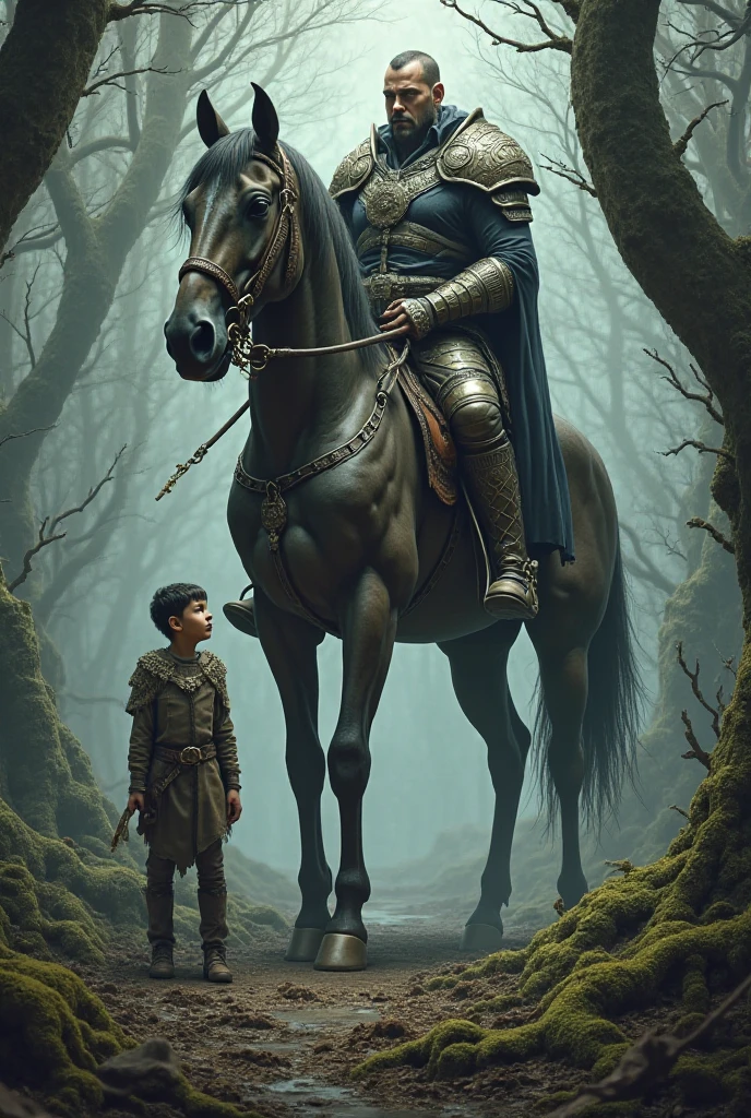 A warrior in leather clothes , holding a boy in your arms , the setting is a dark swamp covered in reeds