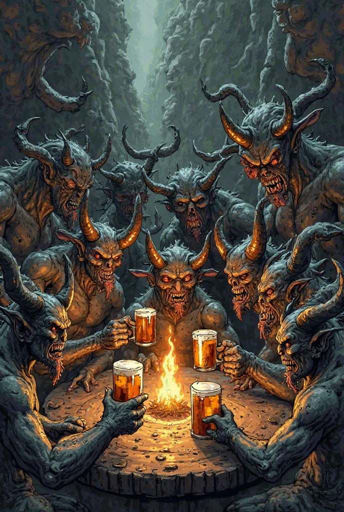 Monsters at a bar, devils, demons, hell, realistic, horns, fire, realistic