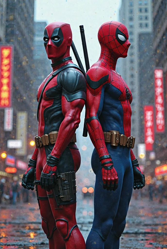 Deadpool and spideramn standing with sword in there hand