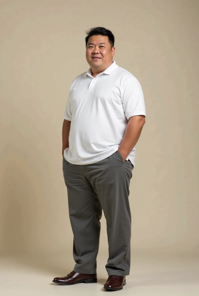 Realistic 4D caricature of an Indonesian man aged 30 yo, fat body, short hair, clean face, wear a shirt, wearing shorts, wearing Jordan air gray shoes, standing holding a black mirrorless camera, with a white gradient background