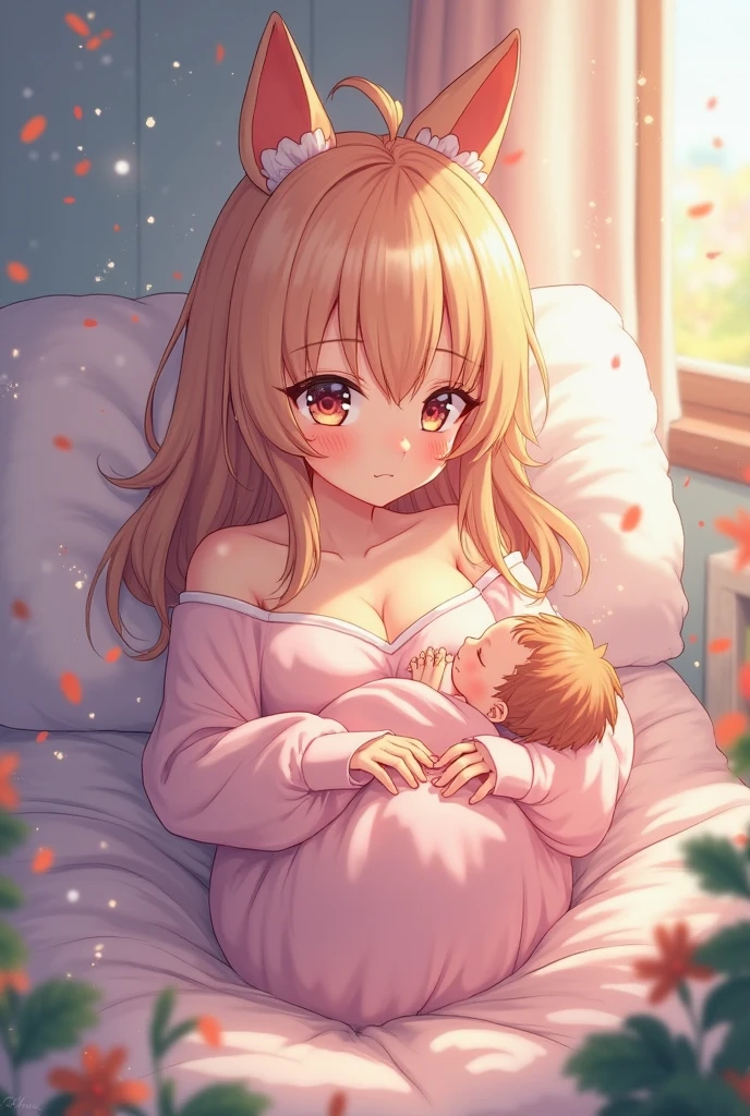 Anime Mature MILF, long blonde hair, long ear pricks, blue eyes, naked, in bed, breastfeeding