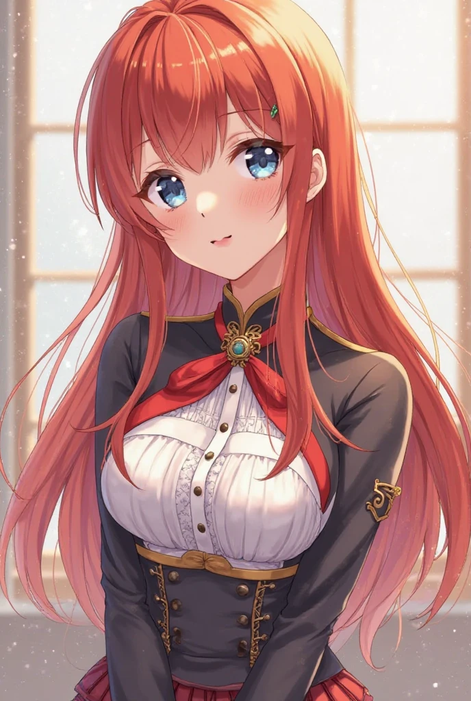 Big, soft breasts ((beautiful and sexy gyaru girl)), (((((extremely straight light red hair, matching bangs, cute earrings))))), double eyelids, detailed black eyes, hyper-detailed eyes, light in the eyes, detailed iris, has an extremely sexy appearance, with incredible breasts and perfect waist, and an extremely sexy body, sensual and cool Hentai style school uniform, long sleeves, cowboy shot, funky pleated skirt with accessories, high skirt, micro skirt, striped stockings, beautiful makeup, cleavage, ((masterpiece, hyper realistic, hyper detailed, best quality, 16k, Effect of light and shadow on the skin, vivid colors)), eyeliner, she is in love, perfect lips, parted lips, sexy face, ((skin with light and shadow), beautifully seductive, passionate, embarrassed, ((she is beautiful)), pose: 1, 2 looking at the viewer, distracted pose, seductive look: 1.3, she is leaving the house, backpack in hand,