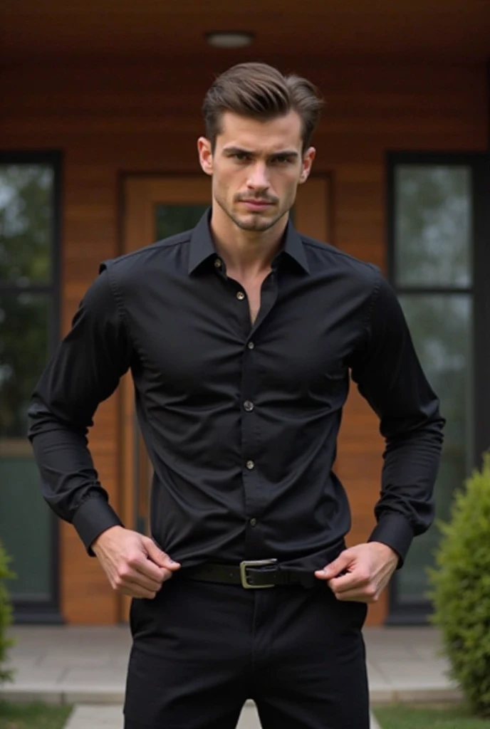 Generate me a realistic handsome goss businessman in portrait ((wearing pants)), There will be a dark romantic atmosphere in the background