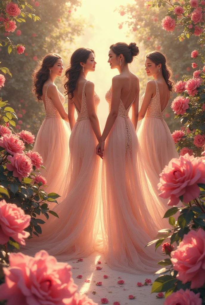 two girl , see her ass,(bright lighting,romantic setting),dreamy background,,dark hair, mesmerizing gaze, , soft skin, alluring beauty, artistic portrait, high-quality image, vibrant colors,translucent long silk gown, mosquito net,